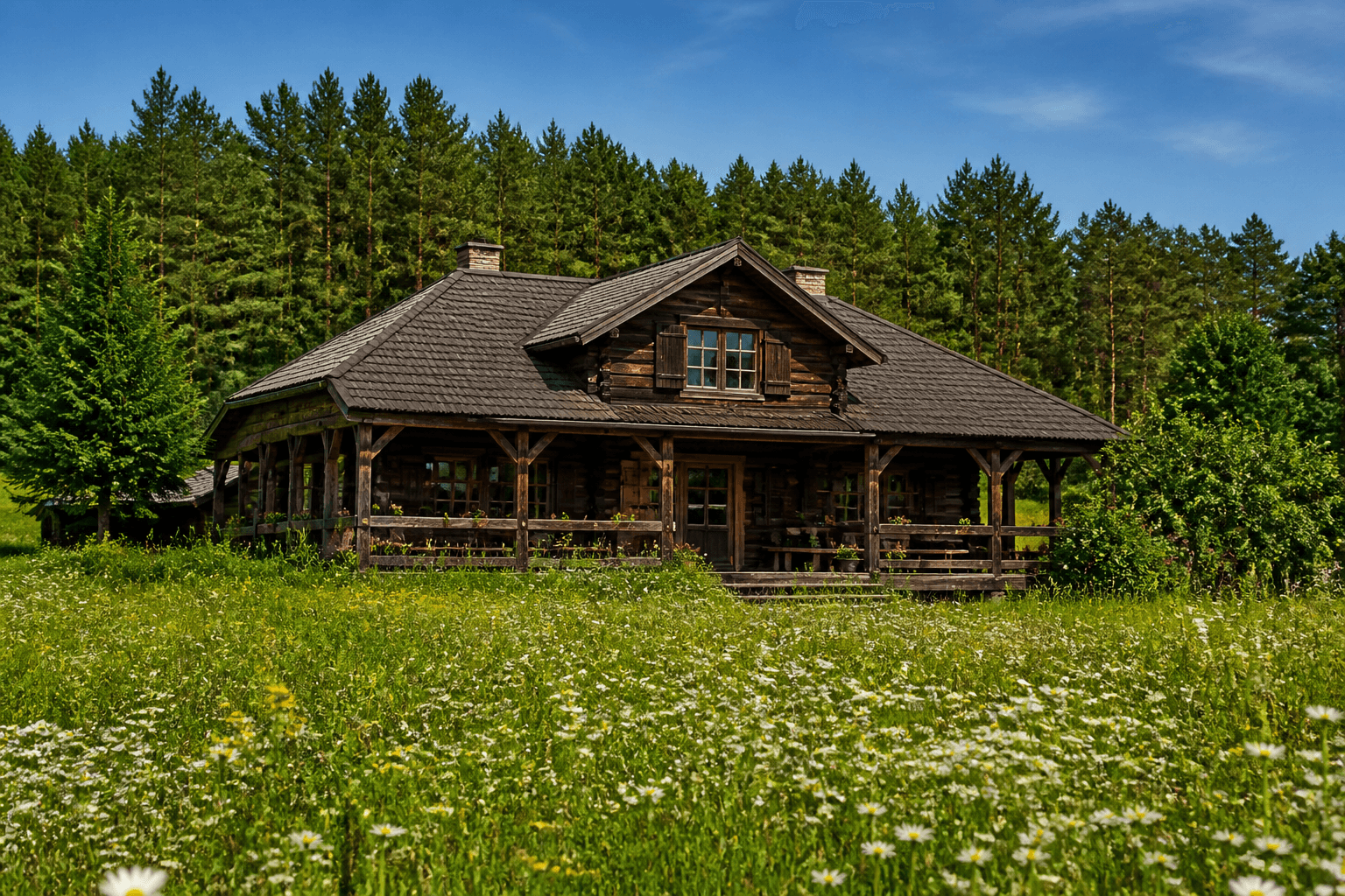 Drewniany domek agroturystyczny na łące, w tle las